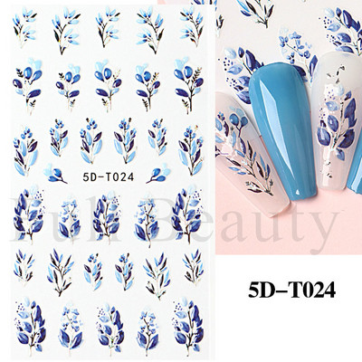 5D küünekleebis Sinine pronksjas lilleline lehtede kujundus Akrüülgraveeritud küünte liugurid Läikivad geellakiga kleebised Dekoratsioon LA5D-T033