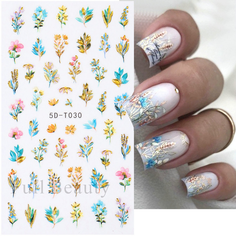 5D küünekleebis Sinine pronksjas lilleline lehtede kujundus Akrüülgraveeritud küünte liugurid Läikivad geellakiga kleebised Dekoratsioon LA5D-T033