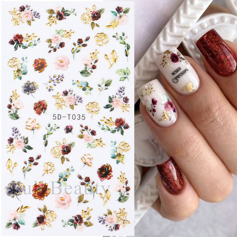 5D küünekleebis Sinine pronksjas lilleline lehtede kujundus Akrüülgraveeritud küünte liugurid Läikivad geellakiga kleebised Dekoratsioon LA5D-T033