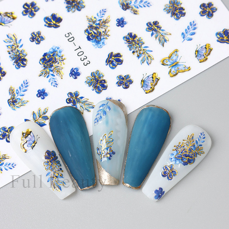 5D küünekleebis Sinine pronksjas lilleline lehtede kujundus Akrüülgraveeritud küünte liugurid Läikivad geellakiga kleebised Dekoratsioon LA5D-T033
