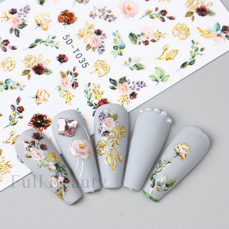 5D küünekleebis Sinine pronksjas lilleline lehtede kujundus Akrüülgraveeritud küünte liugurid Läikivad geellakiga kleebised Dekoratsioon LA5D-T033