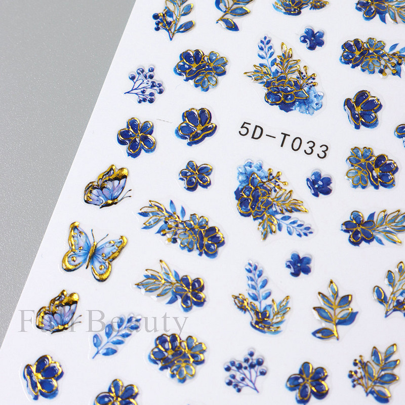 5D küünekleebis Sinine pronksjas lilleline lehtede kujundus Akrüülgraveeritud küünte liugurid Läikivad geellakiga kleebised Dekoratsioon LA5D-T033