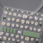 Valged roosiõied 5D pehmed reljeefsed reljeefid Isekleepuvad küünekleebised Kollase rohelise ruudulise mustriga 3D maniküüri kleebised