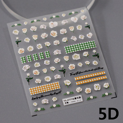 Valged roosiõied 5D pehmed reljeefsed reljeefid Isekleepuvad küünekleebised Kollase rohelise ruudulise mustriga 3D maniküüri kleebised