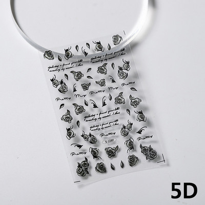 Valged roosiõied 5D pehmed reljeefsed reljeefid Isekleepuvad küünekleebised Kollase rohelise ruudulise mustriga 3D maniküüri kleebised