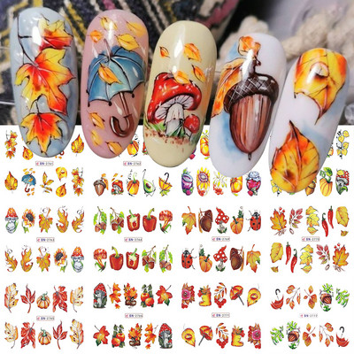 12pcs Fall Leaves Water Nail Stickers Maple leaf Animal Cartoon Water Decals Abstract Nail Sticker Autumn Flowers Decor Manicure