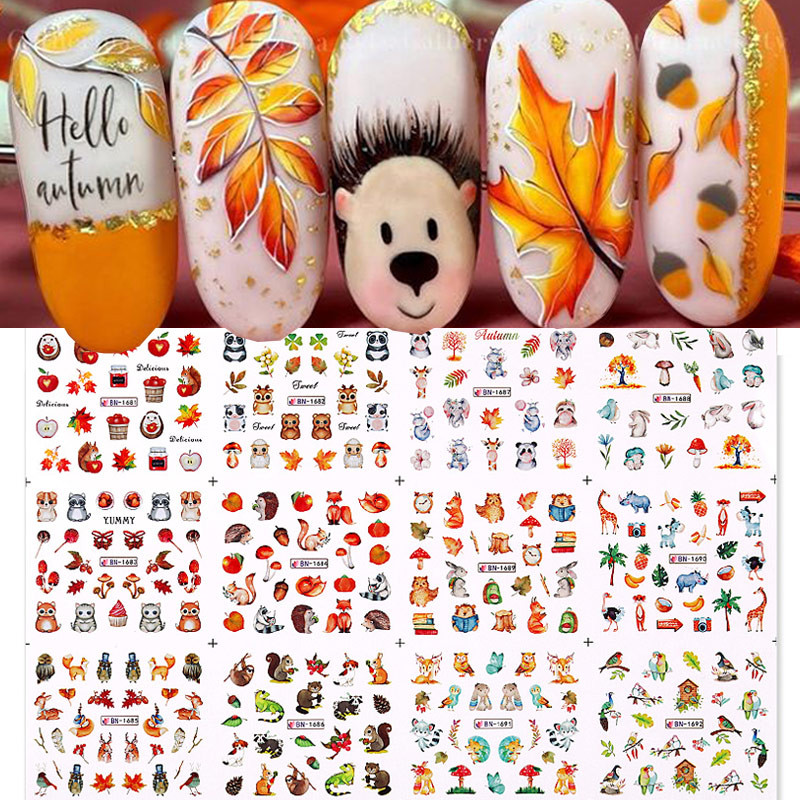 12 komada Jesenje lišće Vodene naljepnice za nokte Javorov list Crtane životinje Vodene naljepnice Apstraktne naljepnice za nokte Jesensko cvijeće Dekor Manikura