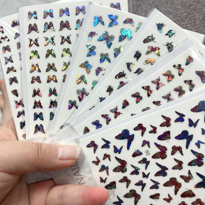 1 loksne zaigojoša lāzera tauriņa nagu uzlīmes 3D nagu uzlīmes Hologrāfiskās mākslas uzlīmes Līmējošas tauriņa slīdnes manikīra dekors*