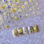 Saulėgrąžos Baltos Daisy 5D Minkšti reljefiniai reljefai Lipnūs nagų dailės papuošalai Lipdukai Spalvoti laukinių gėlių manikiūro lipdukai