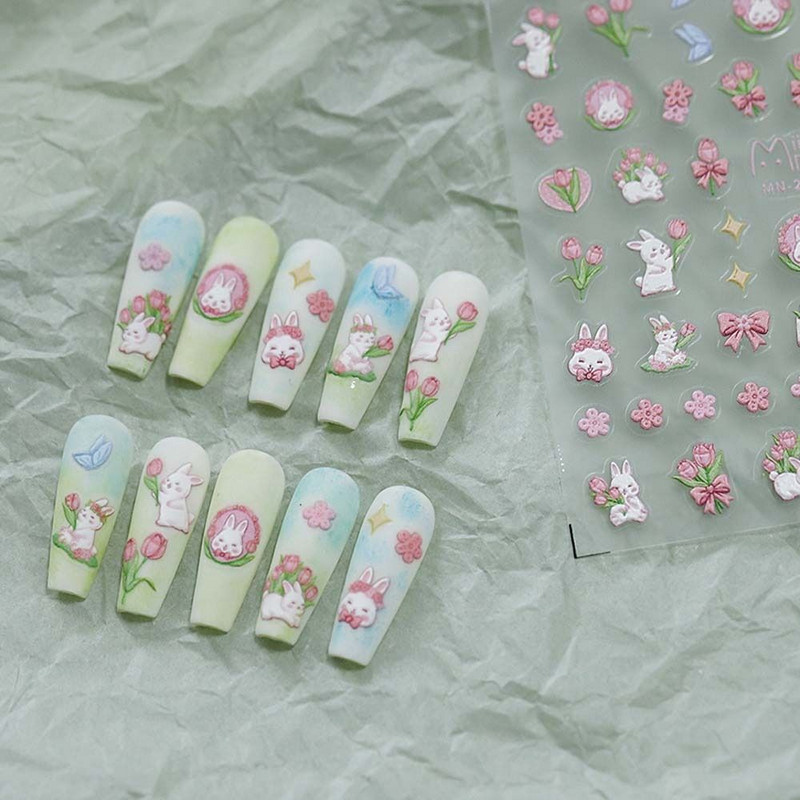 1 leht 5D realistlik armas multikas jänku jänes muinasjutt liblikas karu kleepuvad küünekleebised kleebised maniküüri võlusid