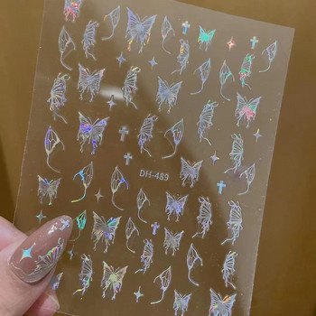 3D стикери за нокти с пеперуди 1PC Лазерни златни сребърни бели черни самозалепващи се стикери за нокти Холографски накрайници за маникюр с пеперуди