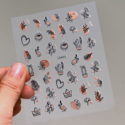 Autocolante pentru unghii, linie abstractă din aur trandafir, bronzat 3D, 8*10 cm, holografic, flori/frunze de aur trandafir, decal pentru unghii, glisor de unghii cu laser chic