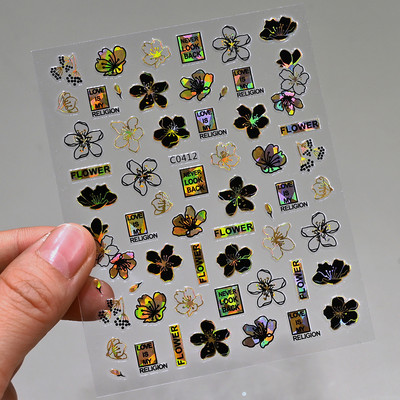 Autocolante pentru unghii, linie abstractă din aur trandafir, bronzat 3D, 8*10 cm, holografic, flori/frunze de aur trandafir, decal pentru unghii, glisor de unghii cu laser chic