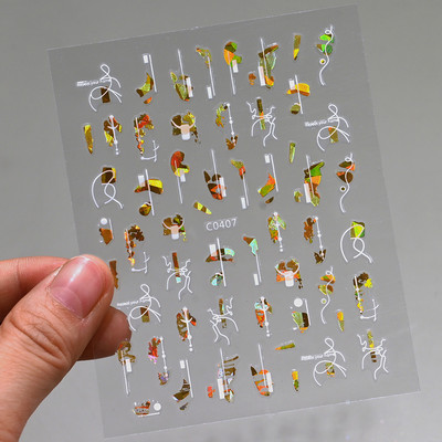 Autocolante pentru unghii, linie abstractă din aur trandafir, bronzat 3D, 8*10 cm, holografic, flori/frunze de aur trandafir, decal pentru unghii, glisor de unghii cu laser chic