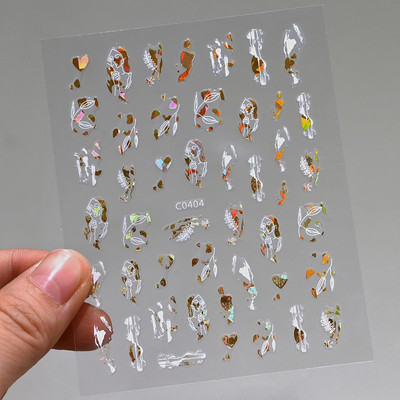 Autocolante pentru unghii, linie abstractă din aur trandafir, bronzat 3D, 8*10 cm, holografic, flori/frunze de aur trandafir, decal pentru unghii, glisor de unghii cu laser chic