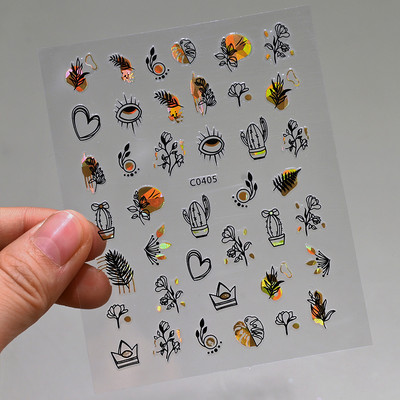 Autocolante pentru unghii, linie abstractă din aur trandafir, bronzat 3D, 8*10 cm, holografic, flori/frunze de aur trandafir, decal pentru unghii, glisor de unghii cu laser chic