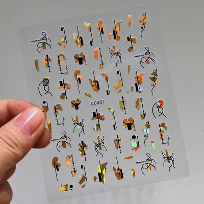 Autocolante pentru unghii, linie abstractă din aur trandafir, bronzat 3D, 8*10 cm, holografic, flori/frunze de aur trandafir, decal pentru unghii, glisor de unghii cu laser chic