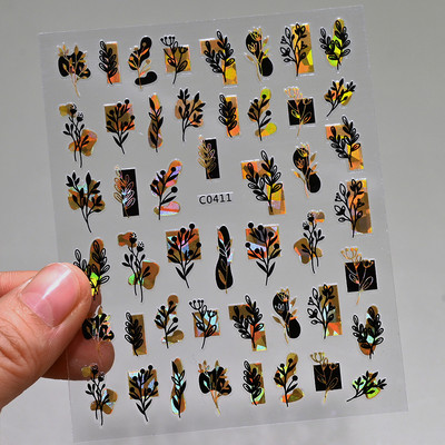 Autocolante pentru unghii, linie abstractă din aur trandafir, bronzat 3D, 8*10 cm, holografic, flori/frunze de aur trandafir, decal pentru unghii, glisor de unghii cu laser chic