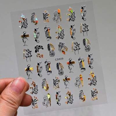 Autocolante pentru unghii, linie abstractă din aur trandafir, bronzat 3D, 8*10 cm, holografic, flori/frunze de aur trandafir, decal pentru unghii, glisor de unghii cu laser chic