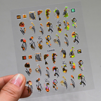 Autocolante pentru unghii, linie abstractă din aur trandafir, bronzat 3D, 8*10 cm, holografic, flori/frunze de aur trandafir, decal pentru unghii, glisor de unghii cu laser chic