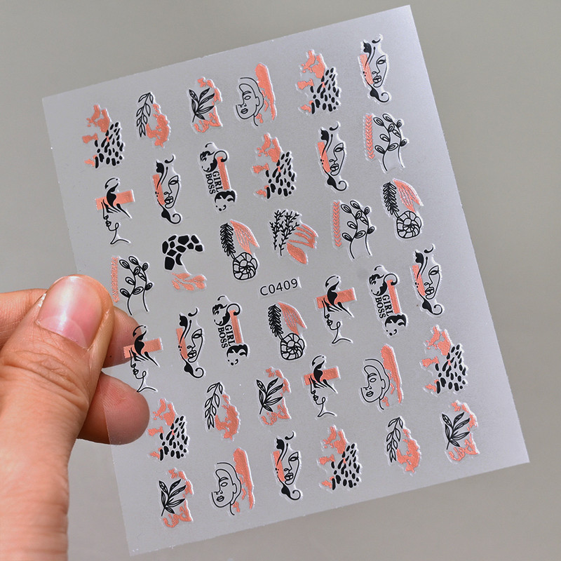 Autocolante pentru unghii, linie abstractă din aur trandafir, bronzat 3D, 8*10 cm, holografic, flori/frunze de aur trandafir, decal pentru unghii, glisor de unghii cu laser chic