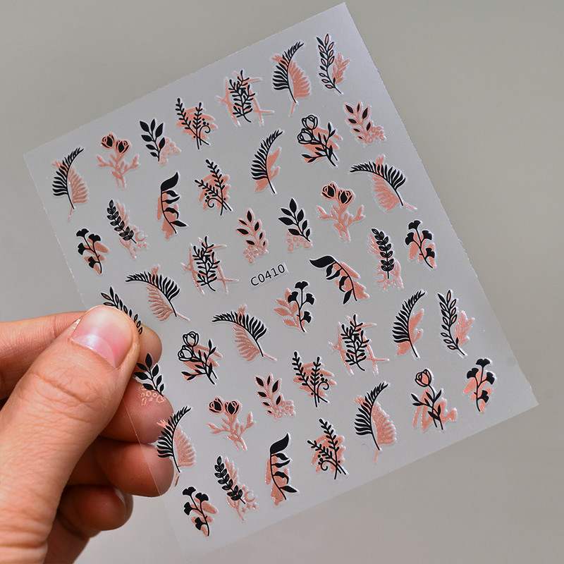 Autocolante pentru unghii, linie abstractă din aur trandafir, bronzat 3D, 8*10 cm, holografic, flori/frunze de aur trandafir, decal pentru unghii, glisor de unghii cu laser chic