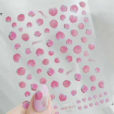 Rožinės gėlės, saldus persikas, 5D reljefiniai reljefai Lipnūs nagų dailės dekoravimo lipdukai Mieli vaisiai 3D manikiūro lipdukai didmeninė prekyba