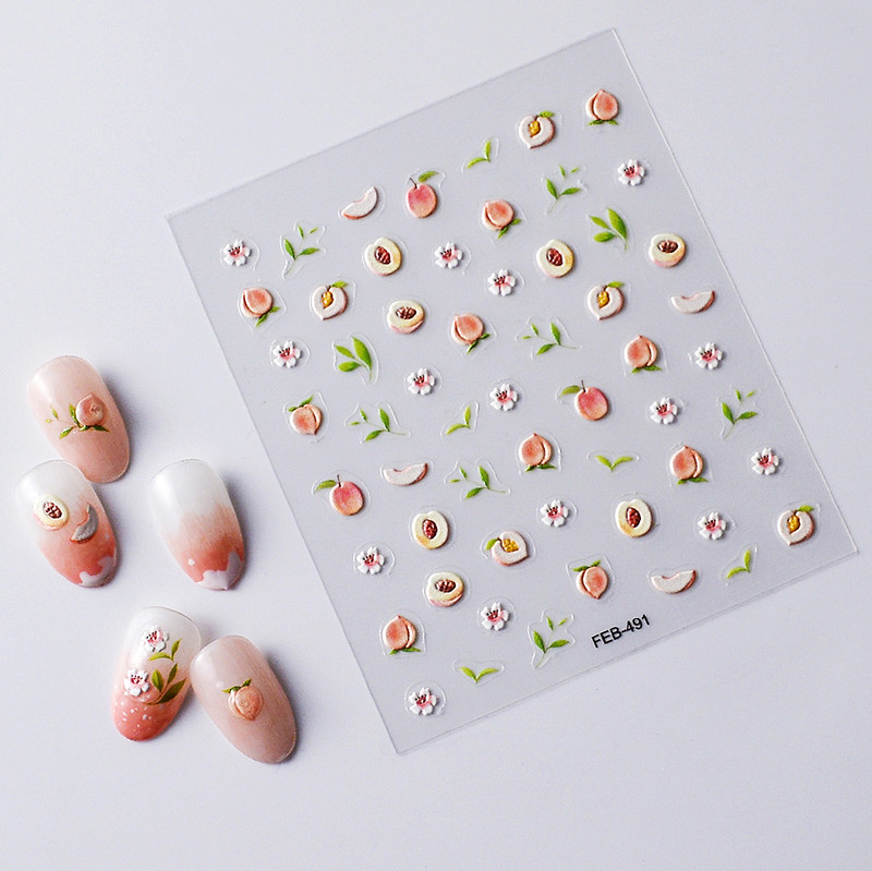 Rožinės gėlės, saldus persikas, 5D reljefiniai reljefai Lipnūs nagų dailės dekoravimo lipdukai Mieli vaisiai 3D manikiūro lipdukai didmeninė prekyba
