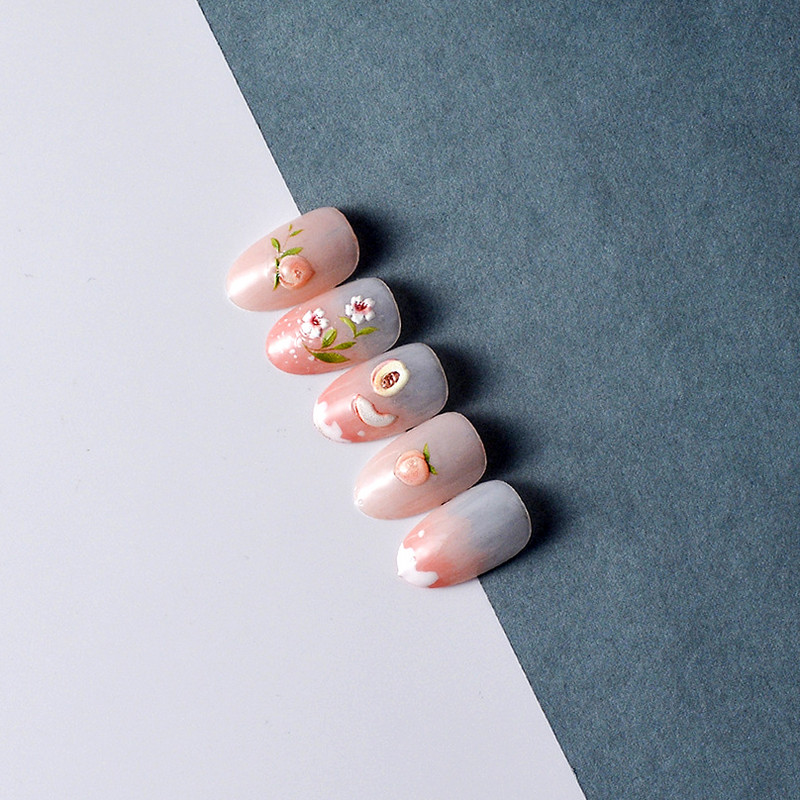 Rožinės gėlės, saldus persikas, 5D reljefiniai reljefai Lipnūs nagų dailės dekoravimo lipdukai Mieli vaisiai 3D manikiūro lipdukai didmeninė prekyba