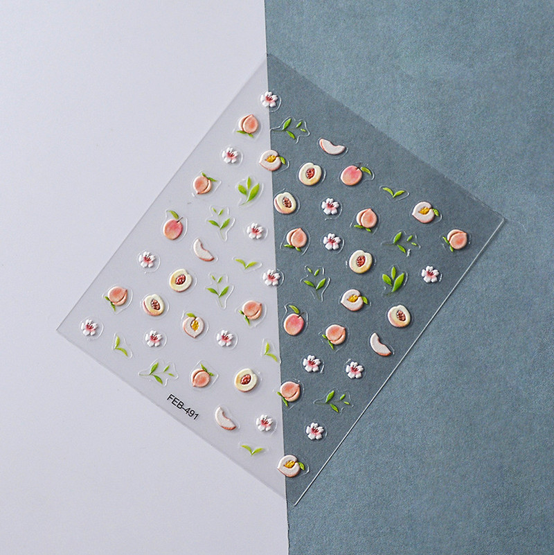 Rožinės gėlės, saldus persikas, 5D reljefiniai reljefai Lipnūs nagų dailės dekoravimo lipdukai Mieli vaisiai 3D manikiūro lipdukai didmeninė prekyba