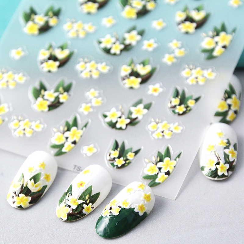 Sárga tojásvirág 5D puha dombornyomott öntapadó körömdíszítések matricák élénk virágok manikűr matricák nagykereskedés