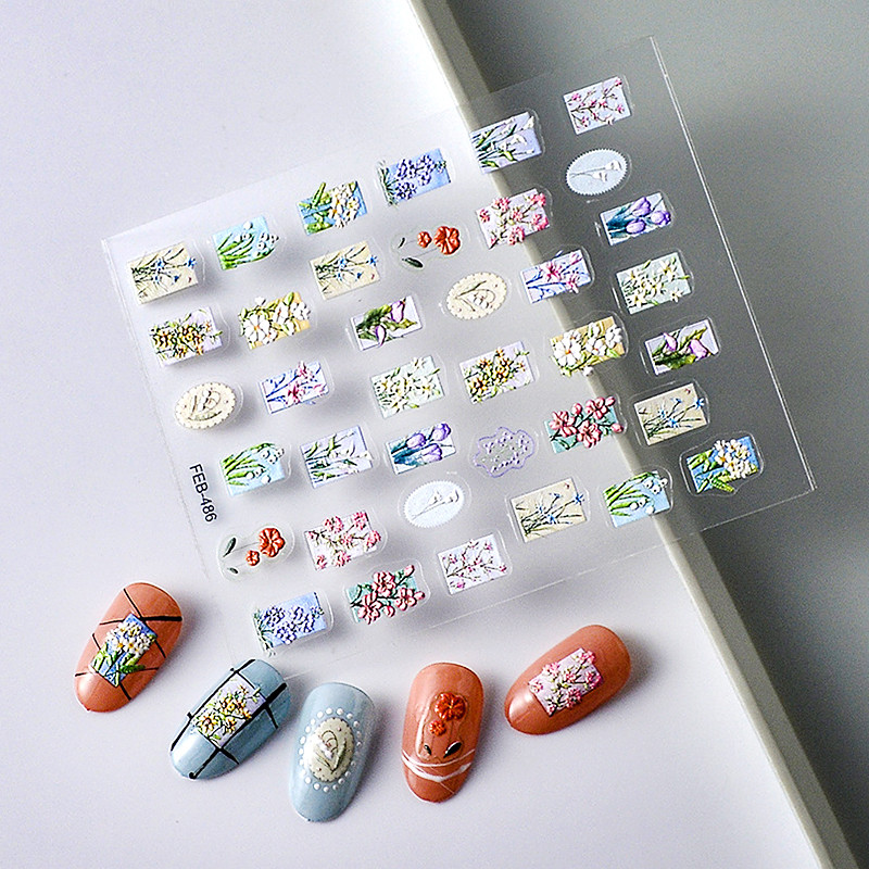 Magnoolia-liilia ploomi õied päevalilled tulbid virsiku õie ruut 3D isekleepuv küünekunsti kleebis 5D maniküüri kleebis