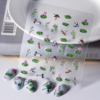 Χρυσόψαρο Lucky Koi Carp Green Lotus Flowers 5D μαλακά ανάγλυφα αυτοκόλλητα νυχιών τέχνης κινέζικου στυλ Τρισδιάστατα αυτοκόλλητα μανικιούρ Χονδρική