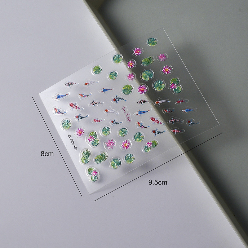 Χρυσόψαρο Lucky Koi Carp Green Lotus Flowers 5D μαλακά ανάγλυφα αυτοκόλλητα νυχιών τέχνης κινέζικου στυλ Τρισδιάστατα αυτοκόλλητα μανικιούρ Χονδρική