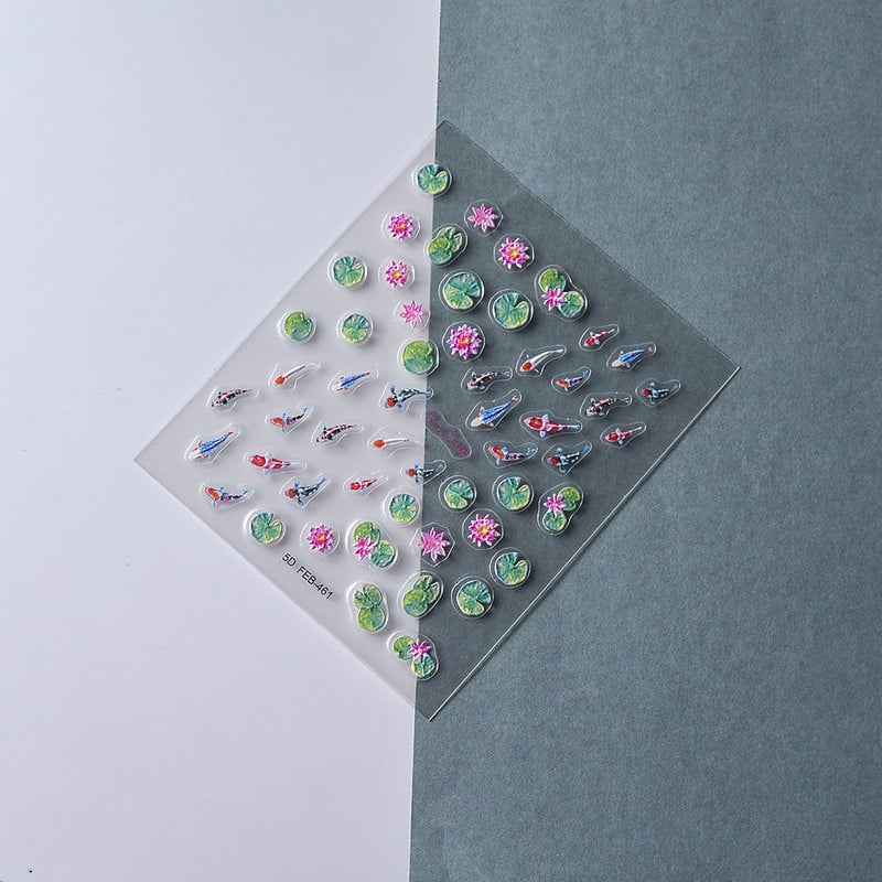 Χρυσόψαρο Lucky Koi Carp Green Lotus Flowers 5D μαλακά ανάγλυφα αυτοκόλλητα νυχιών τέχνης κινέζικου στυλ Τρισδιάστατα αυτοκόλλητα μανικιούρ Χονδρική