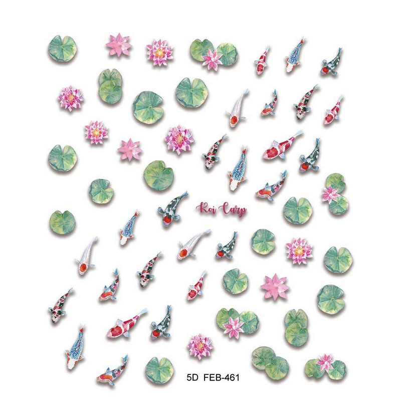 Χρυσόψαρο Lucky Koi Carp Green Lotus Flowers 5D μαλακά ανάγλυφα αυτοκόλλητα νυχιών τέχνης κινέζικου στυλ Τρισδιάστατα αυτοκόλλητα μανικιούρ Χονδρική