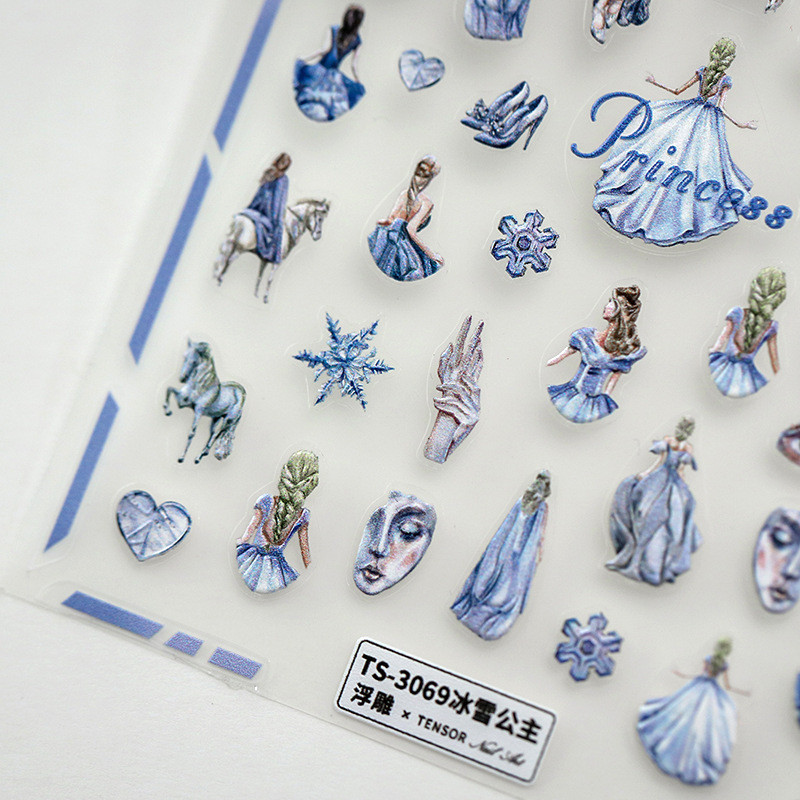Lumehelbeke armas printsess 5D reljeefsed reljeefid isekleepuvad küünte kaunistused kleebised lilled kleidid, maniküüri kleebised