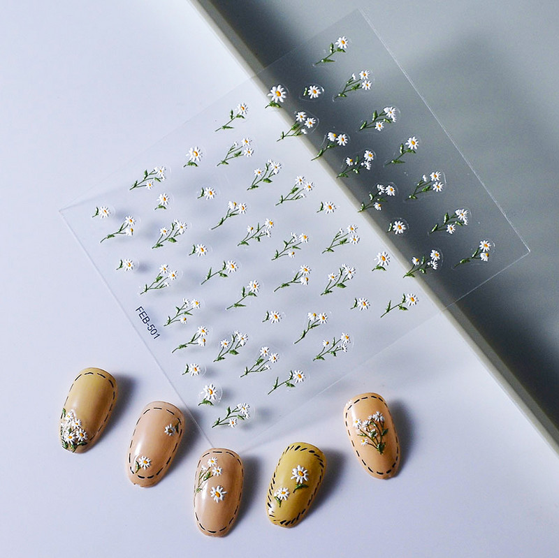 Väike karikakra lill 5D pehme reljeefne reljeef isekleepuvad küünekleebised värske suvine maniküüri kleebis rannakaunistused naine