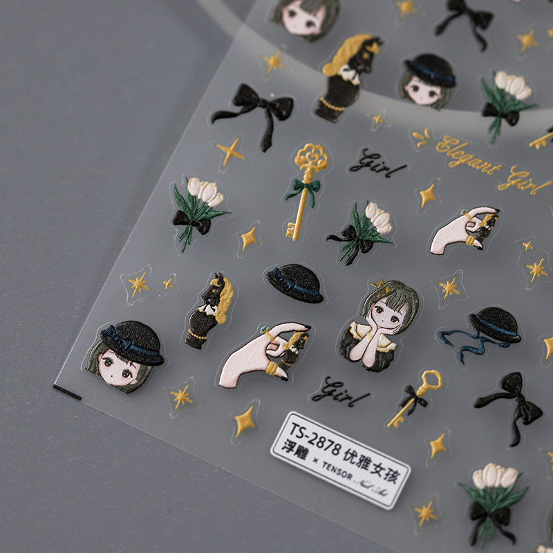Armas multikas tüdruk 5D reljeefne isekleepuvad küünekleebised Bowknot Rose Star Moon 3D maniküür telefoni kleebised hulgimüük