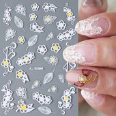 Valge lillega pits 5D reljeefsed kleebised küünekleebised õõnsad reljeefsed lilled, lehtede disain pulma maniküüri kaunistused LAKJ5D044