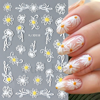 Бяла цветна дантела 5D релефни стикери Стикери за нокти Кухи релефни цветя Дизайн на листа Сватбен маникюр Декорации LAKJ5D044