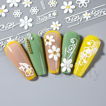 Бяла цветна дантела 5D релефни стикери Стикери за нокти Кухи релефни цветя Дизайн на листа Сватбен маникюр Декорации LAKJ5D044