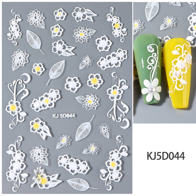 Valge lillega pits 5D reljeefsed kleebised küünekleebised õõnsad reljeefsed lilled, lehtede disain pulma maniküüri kaunistused LAKJ5D044