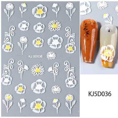 Valge lillega pits 5D reljeefsed kleebised küünekleebised õõnsad reljeefsed lilled, lehtede disain pulma maniküüri kaunistused LAKJ5D044