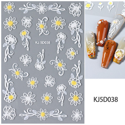 Valge lillega pits 5D reljeefsed kleebised küünekleebised õõnsad reljeefsed lilled, lehtede disain pulma maniküüri kaunistused LAKJ5D044