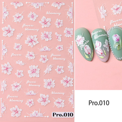 Valge lillega pits 5D reljeefsed kleebised küünekleebised õõnsad reljeefsed lilled, lehtede disain pulma maniküüri kaunistused LAKJ5D044