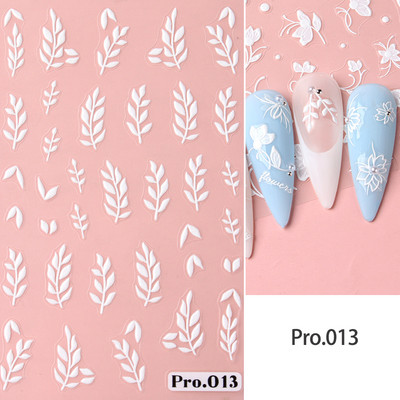 Valge lillega pits 5D reljeefsed kleebised küünekleebised õõnsad reljeefsed lilled, lehtede disain pulma maniküüri kaunistused LAKJ5D044