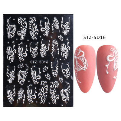 Valge lillega pits 5D reljeefsed kleebised küünekleebised õõnsad reljeefsed lilled, lehtede disain pulma maniküüri kaunistused LAKJ5D044