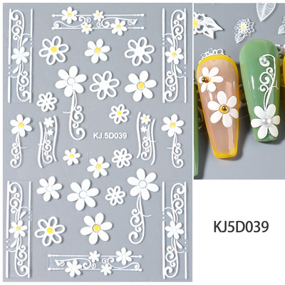 Valge lillega pits 5D reljeefsed kleebised küünekleebised õõnsad reljeefsed lilled, lehtede disain pulma maniküüri kaunistused LAKJ5D044