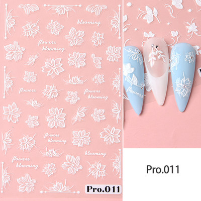 Valge lillega pits 5D reljeefsed kleebised küünekleebised õõnsad reljeefsed lilled, lehtede disain pulma maniküüri kaunistused LAKJ5D044